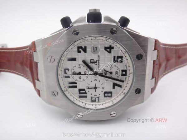Cheap Audemars Piguet Replica Watches Royal Oak SS White Chronograph Brown Leather Band 4