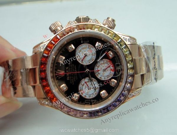Replica Rolex Daytona Rainbow Watch Rose Gold Diamond Bezel Sapphire glass 4