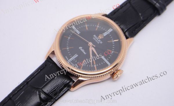 Rolex Geneve Cellini Time Watch Replica Rose Gold Black Face Black Leather 4