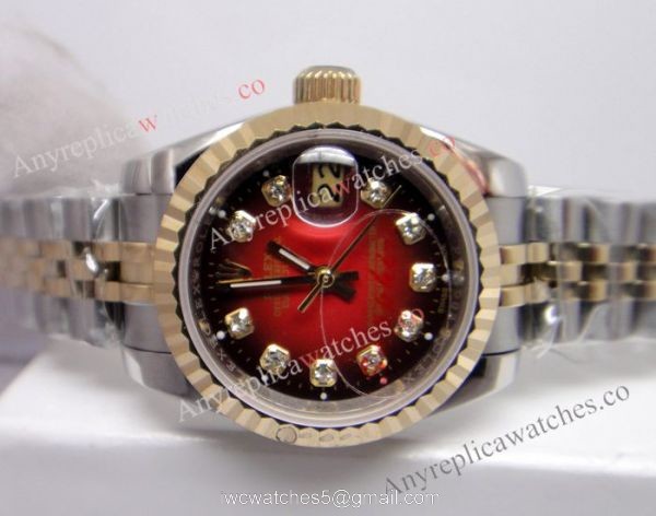 Copy Rolex Datejust Watch 2-Tone Jubilee Red Diamond Markers for Women 4