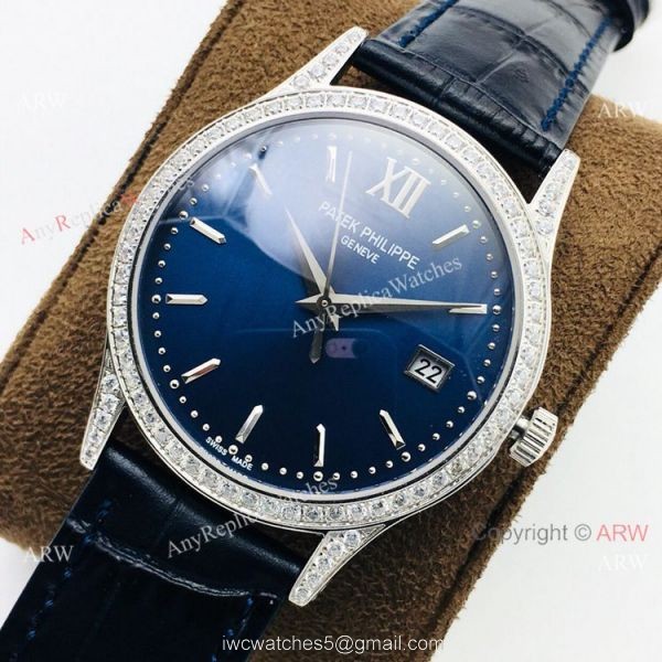 Swiss Copy Patek Philippe Calatrava PFF V2 Version Watch Blue Dial Diamond Bezel 4