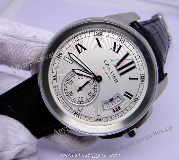 Cartier Calibre Divers Watch: SS White Dial Black Leather Replica Watch 4