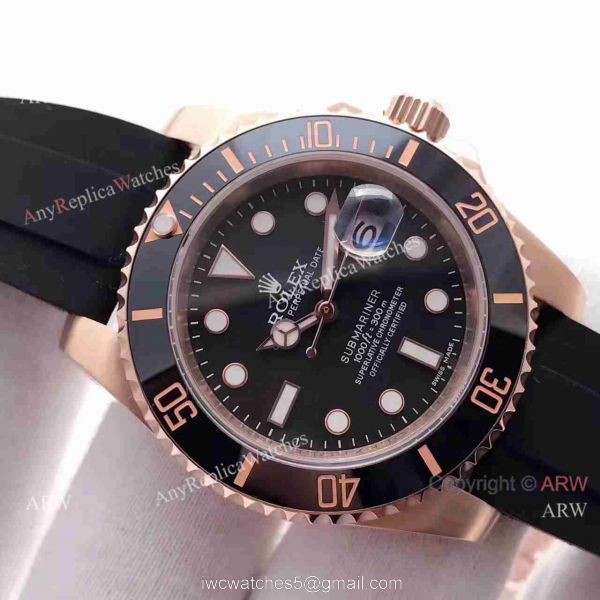 Copy Rolex Submariner Rose Gold Rubber Strap Watch 40mm 4