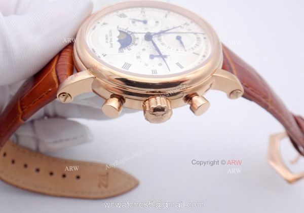 Rose Gold Patek Philippe Moon Phase Brown Leather Mens Replica Watch 4