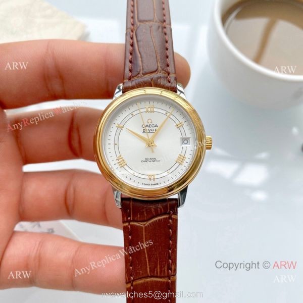 Clone Omega De Ville Prestige Ladies Watches Brown Leather Strap 4