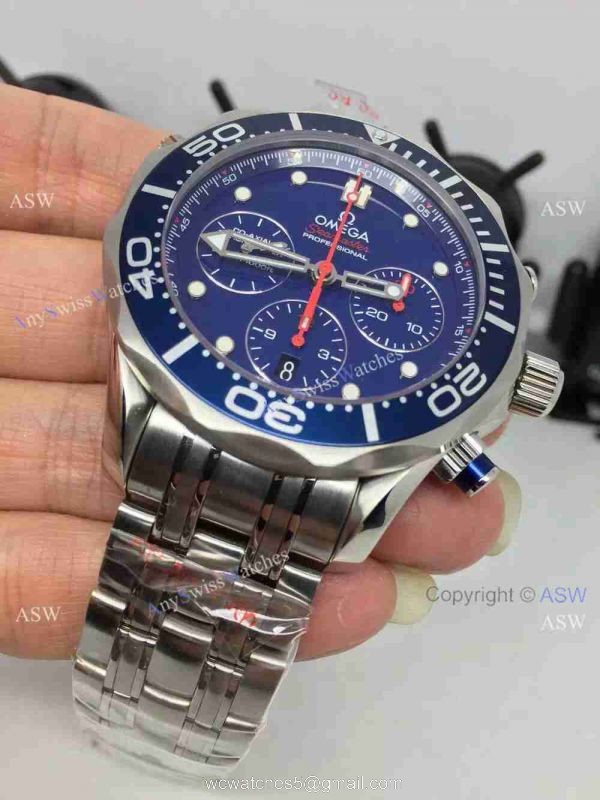Grade 1A Swiss Omega Seamaster 300 Replica Watch SS Blue Chronograph Dial 4