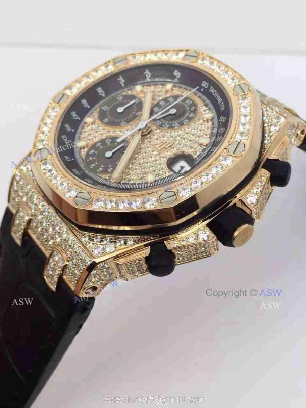 Replica Audemars Piguet Watch Rose Gold Case diamond dial diamond bezel Black Leather 4