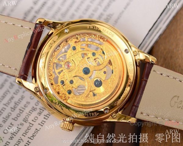 Jaeger-LeCoultre Yellow Gold Skeleton Copy Watch Brown Leather Strap 4