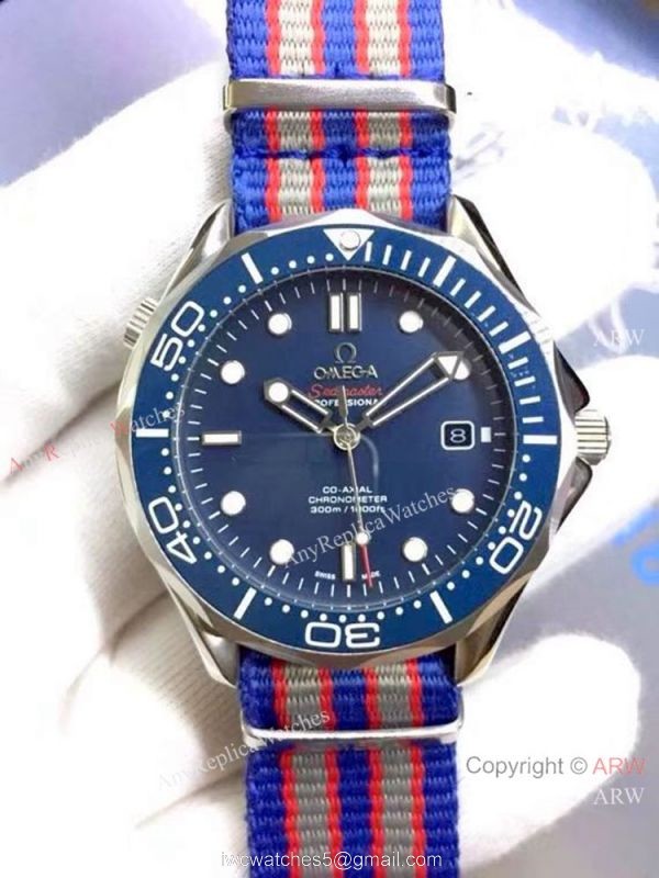 High Quality Omega James Bond Replica Watch SS Blue Dial Nato Strap 4