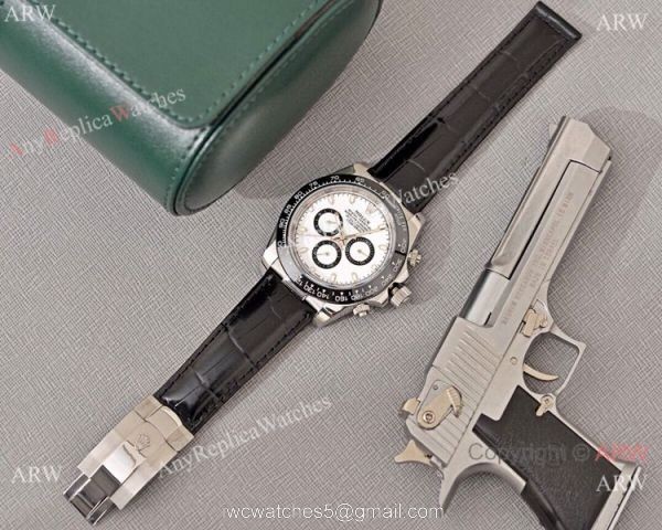 Best Quality Copy Rolex Daytona Watch White Dial Black Leather Strap 4