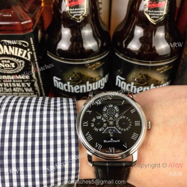 Copy Blancpain Moonphase and Perpetual Calendar Watch White Dial Black Leather Band 4