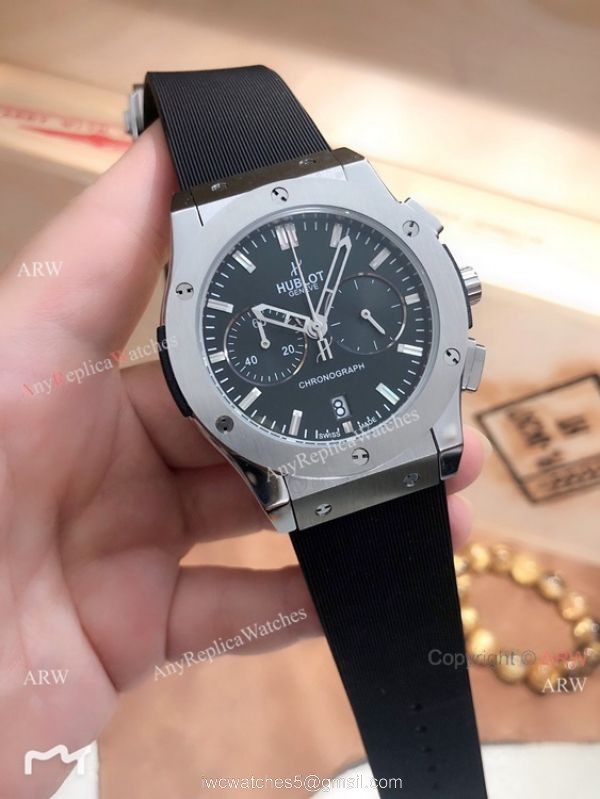 New Replica Hublot Classic Fusion Chrono Watches Black Bezel Black Rubber Band 4