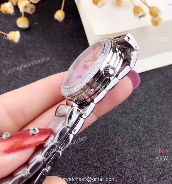 Omega Replica Watches De Ville Ladymatic SS Blue MOP Dial Diamond Bezel Ladies Watch 4