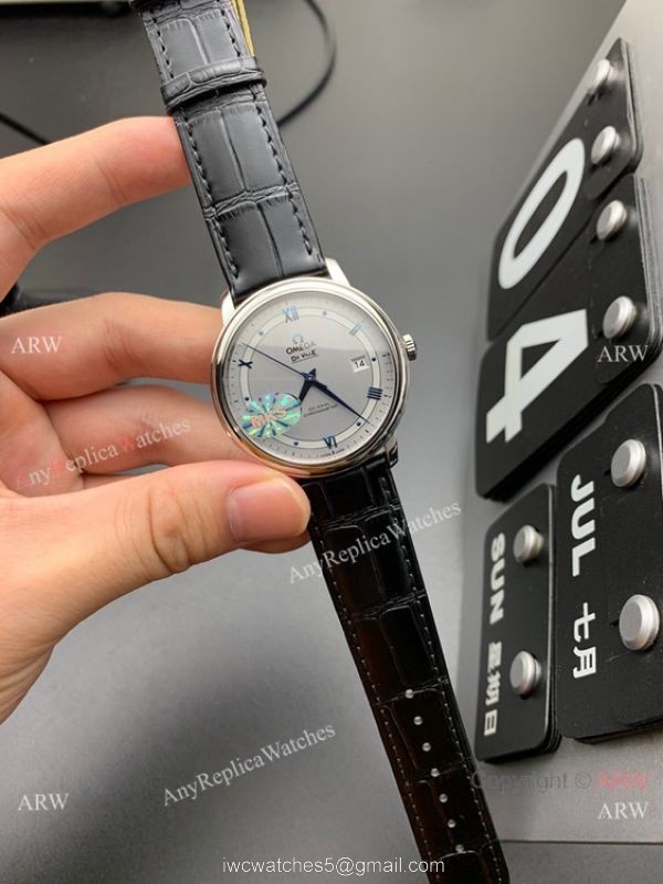 MKS Factory Copy Omega Classic De Ville Prestige 9015 Watch Gray Dial Leather Strap 4