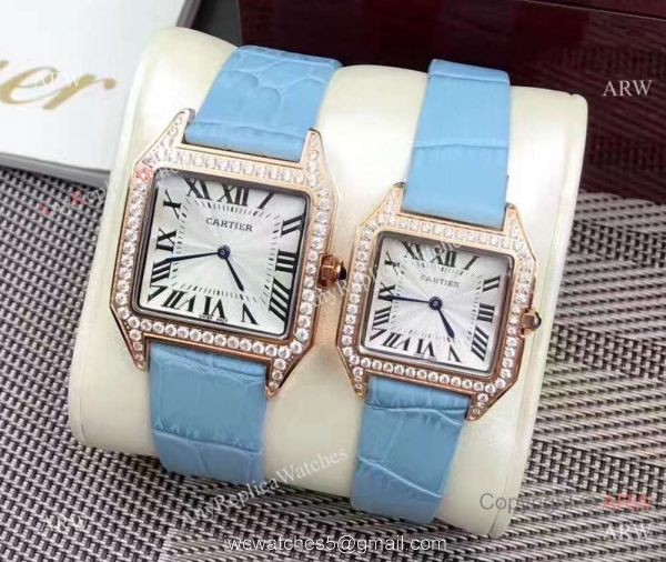 Rose Gold Cartier Santos Diamond Replica watches Lovers Watch 4