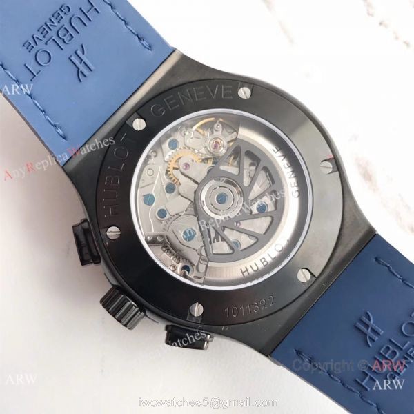 Swiss Replica Hublot Big Bang Classic Fusion 7750 Black Watch Blue Gummy Strap 4
