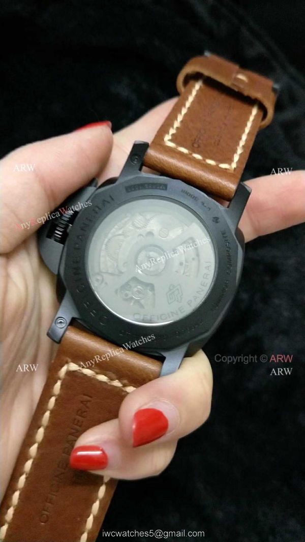 Clone Panerai Luminor GMT PAM 320 Black Steel Watch with Brown Leather Strap 4