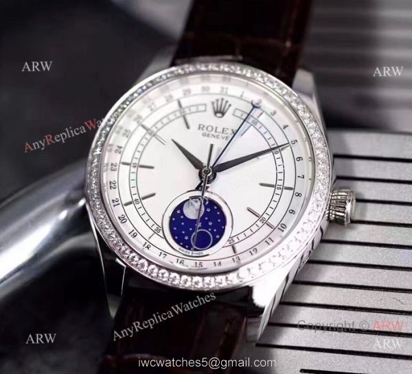 Baselworld Rolex Cellini Moonphase Replica Watch Stainless Steel Brown Leather Strap Watch 4