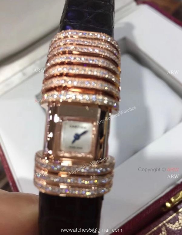 Cartier Small Silver Dial With Diamonds Replica Watches Black Leather Band 4