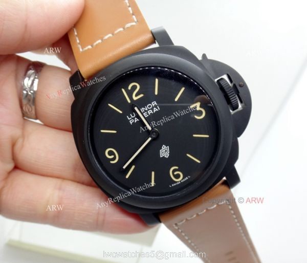 Replica Panerai Luminor Black Dial Brown Leather Strap Watch W Panerai Luminor Base Logo 4