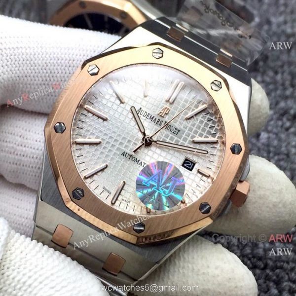 Newest Fake Audemars Piguet Royal Oak Watch Two Tone Rose Gold Silver Dial 4