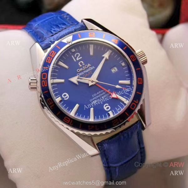 Copy Omega Seamaster GMT 45mm Watches SS Black Leather Strap 4