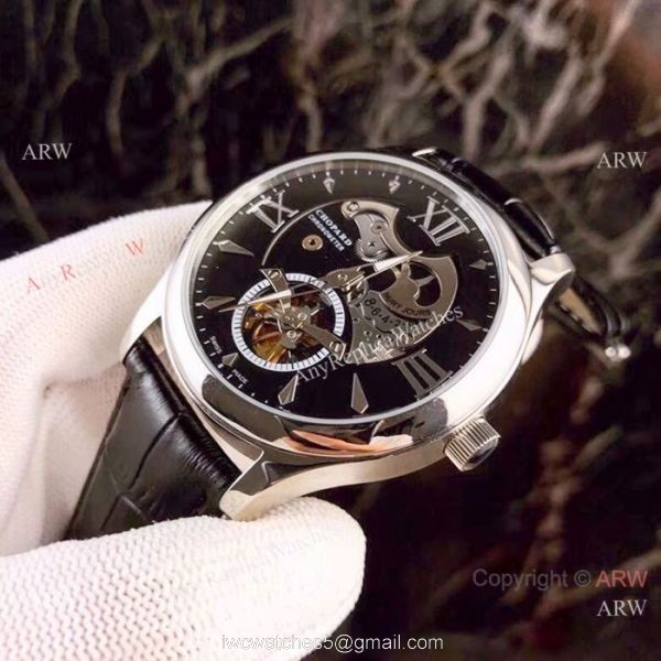 New Replica Chopard Tourbillon Watches SS Black Leather Strap 4