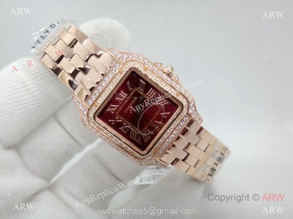 Panthere De Cartier Replica Watches Rose Gold Dark Red Dial 4