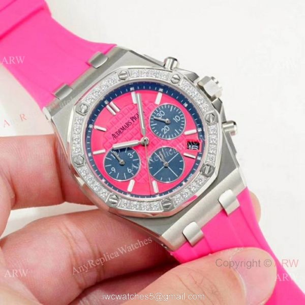 Fake Audemars Piguet Royal Oak offshore Diamond Bezel Red Dial Watches Women 4