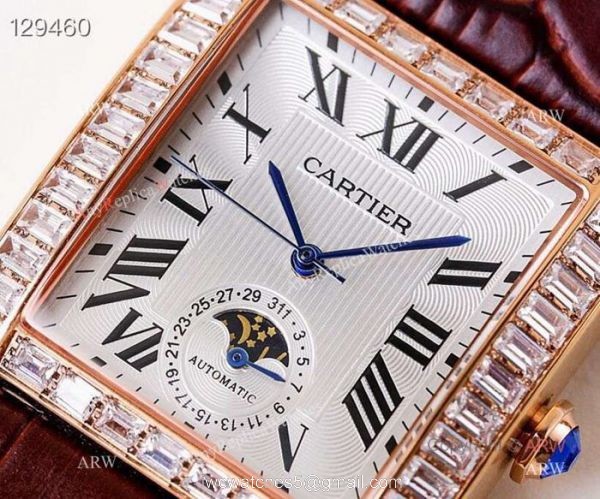 Swiss ETA2824 Cartier Tank Moon phase copy Watches Rose Gold Diamond Bezel 4
