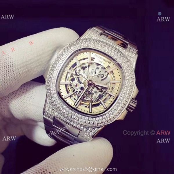 Copy Patek Philippe Nautilus Ice Out Watch Stainless Steel White Hollow 4