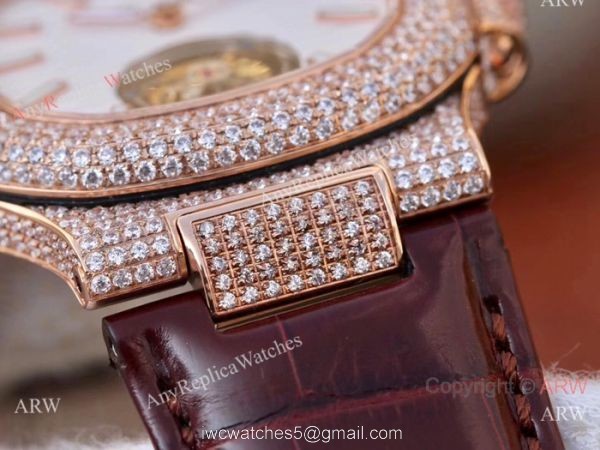 Swiss Replica Patek Philippe Nautilus Jumbo R8 Watch Rose Gold Iced Out 4