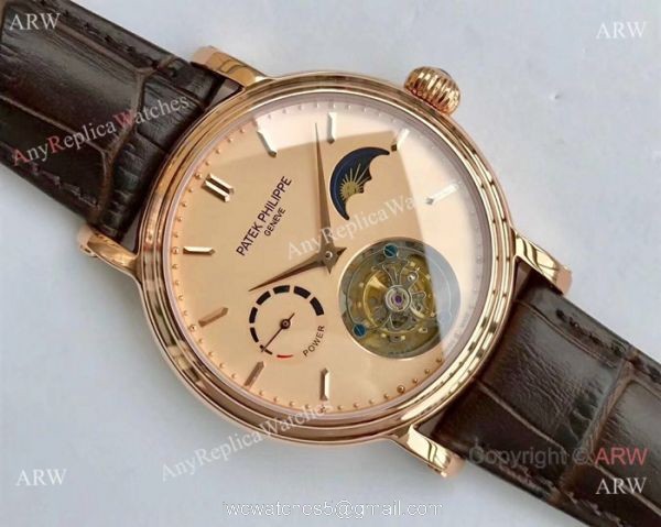 Swiss Grade Patek Philippe Power Reserve Watches Rose Gold Brown leather Strap 4