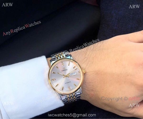 Fake Omega day date Automatic Watch 2-Tone Silver Dial 4