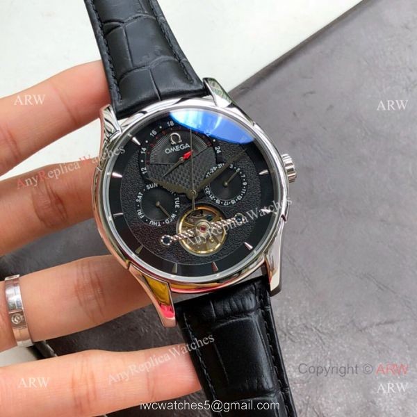 Replica Omega Tourbillon All Black Leather Strap Watches 43mm 4