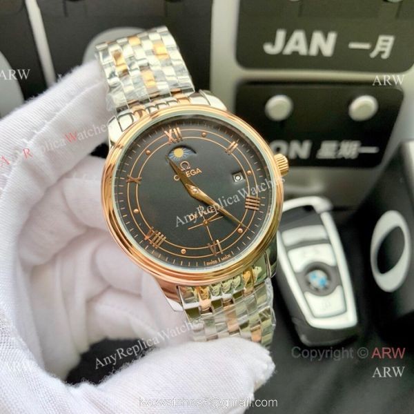 New Copy Omega De Ville Moon Phase 40mm Watches Stainless Steel Black Face 4