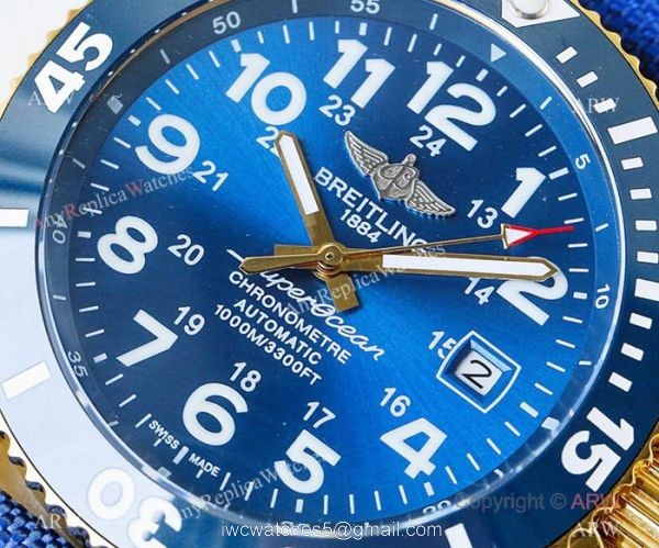 Swiss Breitling Superocean II Mens Watch Yellow Gold Blue Ceramic Bezel 4