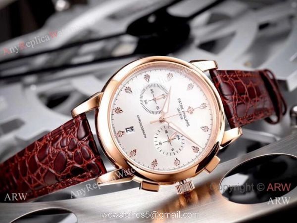Copy Patek Philippe Geneve Chronograph Watch White Dial Brown Leather Band 4