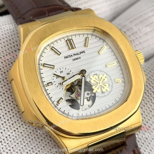 Patek Philippe Nautilus White Face with Tourbillon Gold Case Watch 4