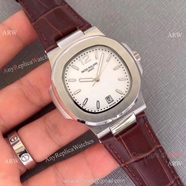 New Patek Philippe Nautilus Watch SS Gray Dial Black Leather Band 4