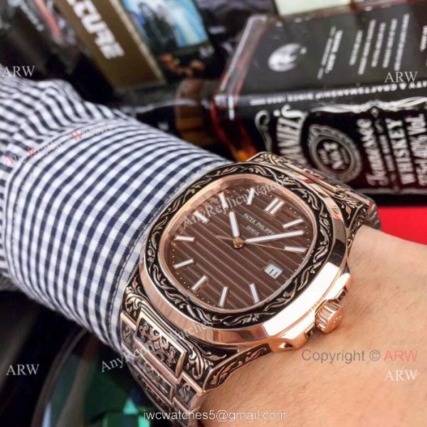 Clone Patek Philippe Nautilus White Face Rose Gold Tattoo Watch 40mm 4