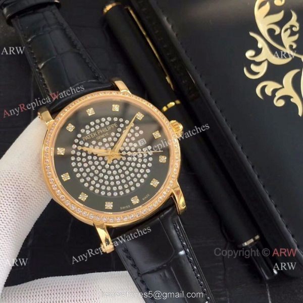 Patek Philippe Calatrava Diamond Watch SS Black Leather Band 4