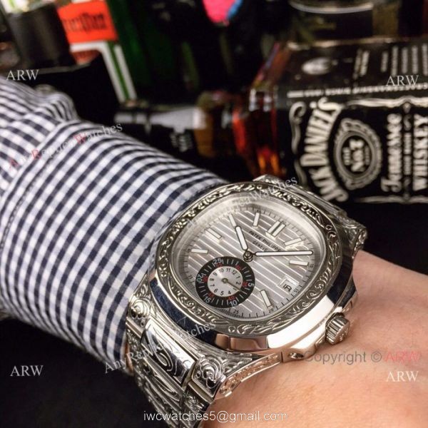 Copy Patek Philippe Engraving Nautilus Stainless Steel Watch Silver Dial 4