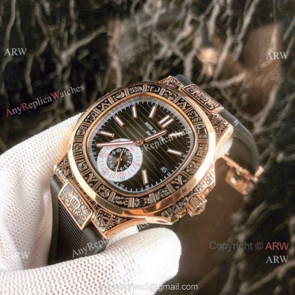 New Replica Patek Philippe Nautilus White Face Rose Gold Tattoo Rubber Strap Watch 4