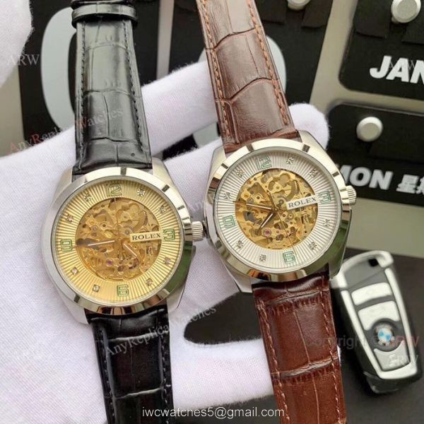 Rolex Geneve Cellini Replica Watch Tourbilln Face Brown Leather Strap 4