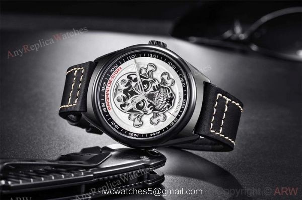 Pagani Design PVD Black Steel Watch White Skull Face 4
