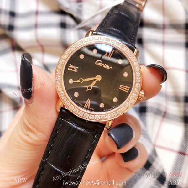 Copy Cartier Rose Gold Black Dial Watch 33mm Ladies 4
