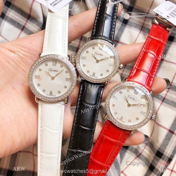 Japan Grade Replica Cartier SS Gray Leather Strap Watch 4