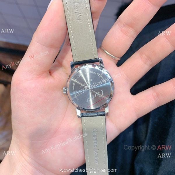 Fashion Cartier Watch Lady Diamond Bezel Black Leather Strap 4