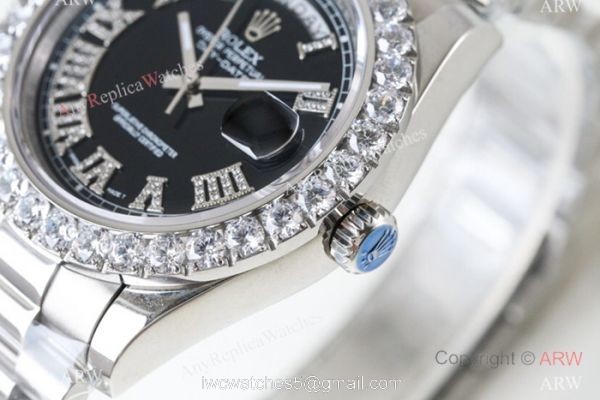 N9 Swiss Rolex Presidential Diamond Bezel Replica Watch Day-Date II SS Black Face 4